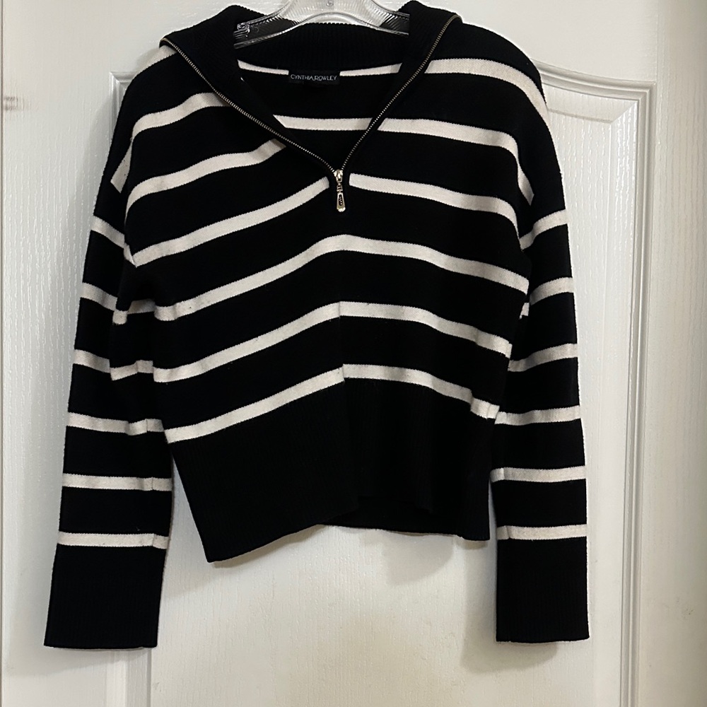 Cynthia Rowley Black and White Striped Crew Neck Sweater